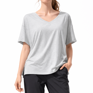 Camiseta Casual de Mujer con Cuello en V, Transpirable, de Jersey, Color Sólido, con Serigrafía, de Alta Calidad en Algodón, Manga Corta, Ecológica y Holgada - Product Image 1