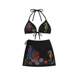Conjunto de dos piezas de traje de baño bordado negro con cuentas y diseño de pulpo, caballito de mar y coral, con top halter y falda acampanada para mujer - Product Image 1