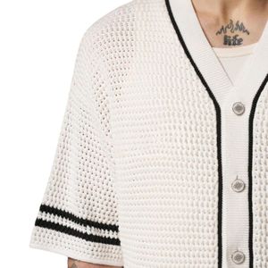 Men Crochet Knitted Baseball <b>Shirt</b> Short Sleeve Button Down Stripe Trim Casual Summer Knit Top OEM Wholesale Supply - Product Image 4