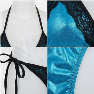 Ensemble de bikini bleu pour femme avec dentelle, bas à nouer sur le côté, en spandex et nylon extensible - Product Image 4