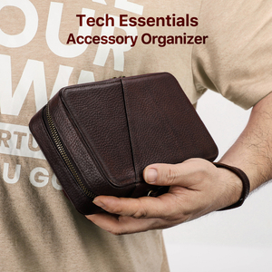 Organisateur de voyage en cuir véritable avec fermeture éclair, rangement multifonctionnel pour câbles de charge et accessoires électroniques - Product Image 6
