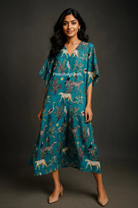 Robe Kaftan en Coton Écologique Faite à la Main pour Femme, Col en V, Tenue d'Été Décontractée, Imprimé Animalier Jungle Safari, Manches Longues Chauve-Souris - Product Image 5