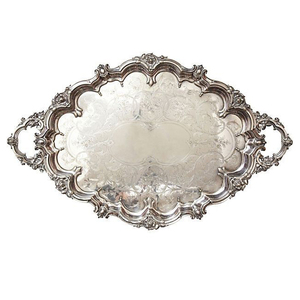Plateau de service rectangulaire en métal poli fait main avec poignées ornées à motif solide, design élégant pour usage résidentiel - Product Image 5