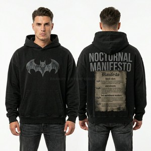 Sweat à capuche personnalisé noir Nocturnal Manifesto, effet délavé vintage, motif chauve-souris, pour homme, coupe oversize, imprimé gothique, streetwear, en molleton, fabricant - Product Image 1