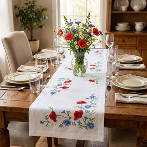 Wholesale Customized Modern Geometric White 100% Cotton <b>Table</b> <b>Runners</b> Embroidered Red Poppy Flowers Washable Durable Home Events - Product Image 1