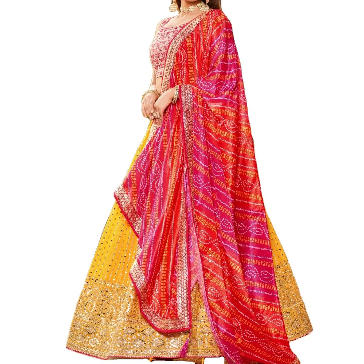 ハルディコレクション最新デザイナーイエローピンクカラーセミステッチジョーゼットレヘンガチョリ | インドの婦人服卸売業者