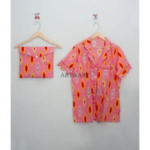 Conjunto de Pijama Corto de Algodón para Mujer, Ligero, Transpirable, de Verano, con Botones de Encaje, Estampado a Mano Indio - Product Image 3