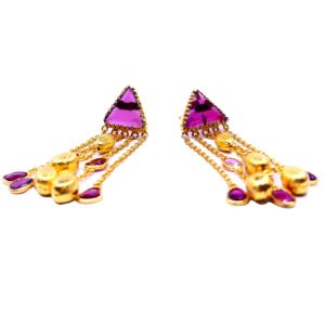 Boucles d'oreilles traditionnelles en argent Sterling 925 plaqué or, Tourmaline rose, pierres précieuses de mariage pour dames, chaîne pendante - Product Image 1