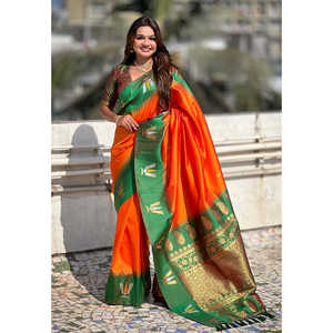 Sari indien et pakistanais en soie douce contrastée avec des motifs traditionnels Tilak orange, tissé avec des fils Zari - Product Image 5