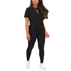 Ensemble t-shirt et leggings imprimés pour femmes, bleu, Stay Humble Hustle Hard, tenue d'été décontractée, col ras du cou, manches courtes, longueur complète - Product Image 6