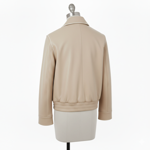 Custom Logo <b>women's</b> Cropped Bomber <b>Jacket</b> Almond Beige Faux Leather <b>Utility</b> <b>Jacket</b> with Front Flap Pockets and Contrast Piping - Product Image 4