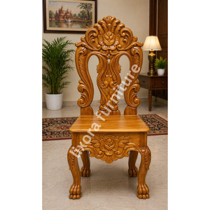 Chaise de salle à manger de luxe en bois massif, artisanale, avec sculpture ornée de roses, dossier haut, assise en bois fini. - Product Image 5