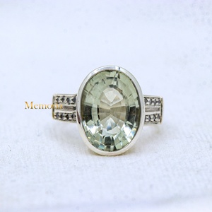 Wholesale 925 Solid <b>Sterling</b> <b>Silver</b> Natural Oval Green Amethyst Faceted Bezel <b>Set</b> Side Stone Cocktail <b>Ring</b> Fine Jewelry - Product Image 1