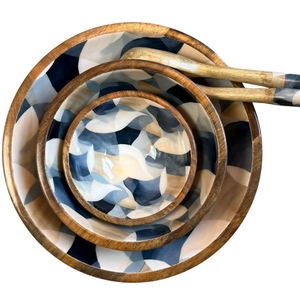 Juego de tazones rústicos de madera con borde con diseño de palmera, aptos para lavavajillas, estilo bohemio, para servir comida en fiestas. - Product Image 2