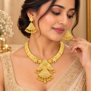 Designer 24K Gold Polish Copper Brass Necklace <b>Set</b> | Floral Jhumka Pendant <b>Jewelry</b> | Traditional <b>Bridal</b> & Wedding Necklace <b>Set</b> - Product Image 4