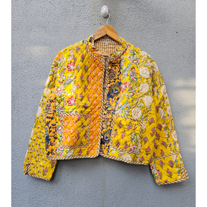 Chaqueta Acolchada de Algodón con Estampado Floral Amarillo, Reversible, Hecha a Mano, Tejida, Transpirable, Estilo Vintage, Ropa Exterior para Mujer, Regalo para Ella - Product Image 1