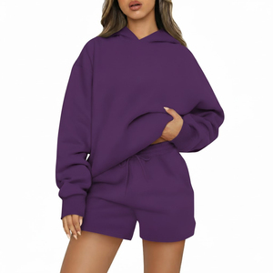 Conjunto de Sudadera con Capucha y Pantalones Cortos Negros para Mujer, Corte Holgado, Informal, de Dos Piezas, Material de Felpa, Color Sólido, Cintura con Cordón Ajustable - Product Image 5