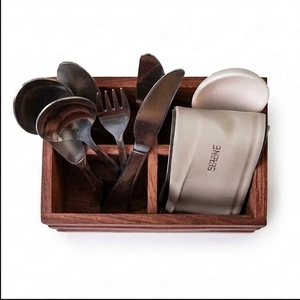 Acacia Wood Utensil Holder with Napkin Rack 3 Compartment Rectangle Minimalist <b>Kitchen</b> <b>Storage</b> <b>Box</b> for Tableware - Product Image 3