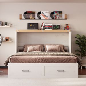 Lit Queen Murphy avec station de charge, grand tiroir de rangement, plateforme pliable, style farmhouse, avec fonction de rangement dissimulé - Product Image 5