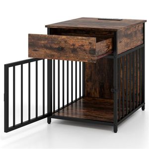 Black+Brown 2-in-1 <b>Dog</b> Crate End <b>Table</b> with Charging Station Chew Resistant Metal Tube Pet Furniture 25 L for Small <b>Dogs</b> - Product Image 2