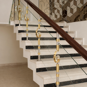 Gold Glass Stair <b>Railing</b> With Crystal Posts Wooden Handrail Luxury Modern Indoor Balustrade Design - Product Image 2