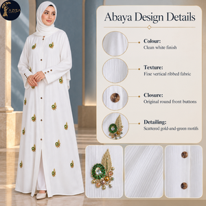 Abaya Blanca Pura con Estampado Verde Dorado y Botones en la Parte Delantera para Mujer |   Vestido modesto y fluido con textura fina - Product Image 5