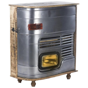 ตู้บาร์แบบเคลื่อนที่สไตล์อินดัสเทรียลโมเดิร์น ทำจากโลหะและไม้ รูปทรงกลอง พร้อมล้อเลื่อน ตู้เก็บของบาร์ทำมือ เฟอร์นิเจอร์บ้าน โรงแรม - Product Image 1