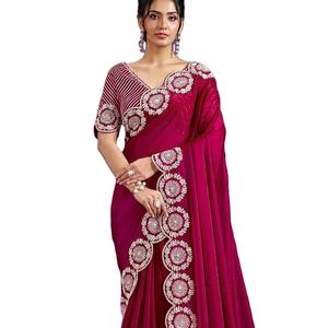 Tissu satiné fantaisie à bordure de travail Arco de créateur de qualité supérieure avec paillettes de fil Dori brodées pour vêtements indiens et pakistanais - Product Image 1