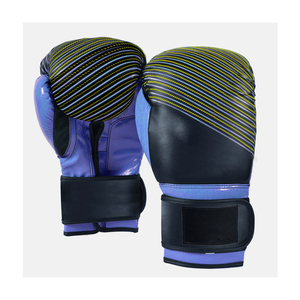 Leather Boxing Gloves Blue Black Yellow Striped Velcro Closure Adjustable Wrist <b>Strap</b> Adult Unisex Training Gear - Product Image 1