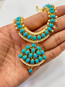RAY FINE ORNATES Sky Blue Vintage Hinduism <b>Ruby</b> Pink Pearl <b>Necklace</b> Set Gold Plated Bridal Wedding Jewelry Party Wear - Product Image 3