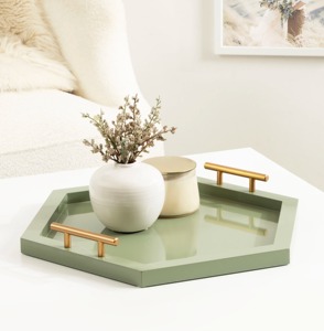 Modern Hexagonal Wooden Decorative Tray with Brass Handles Geometric Design Minimalist Style <b>Coffee</b> <b>Table</b> Use - Product Image 6