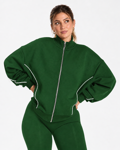 Wholesale <b>Women</b> Contrastline Zip <b>Jacket</b> Tracksuit Set Casual Two Piece Outfit Relaxed Fit Wide Leg Pants Matching Clothing Style - Product Image 3