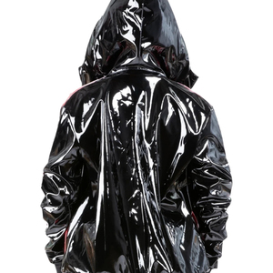 Black Genuine Leather Long Windbreaker Jacket Zipper Closure Full Sleeve Sporty Style Waterproof Woven Fabric Hooded Faux <b>Fur</b> - Product Image 4