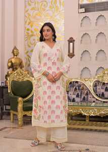 Conjunto de Kurta de Diseñador 60x60 de Algodón con Estampado de Palmeras, Corte Recto, Largo hasta el Suelo, Ajuste Holgado, Bordado de Espejo, Forro Completo, para Boda, Verano, Diwali - Product Image 3