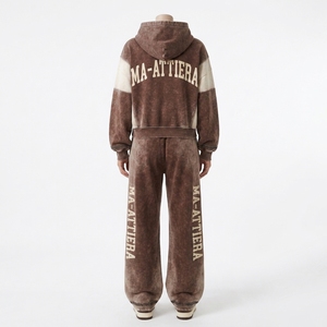 Custom <b>Women</b> <b>Brown</b> Acid Wash Color Block Cropped Hoodie Wide Leg Sweatpants Cotton Fleece <b>Tracksuit</b> OEM Wholesale - Product Image 4