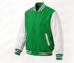 Green <b>White</b> Varsity <b>Jacket</b> <b>Men</b> Casual Zipper Front Solid Color Turn-down Collar Regular Fit Polyester Cotton Outerwear - Product Image 4