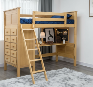 Lit superposé moderne avec bureau et commode en bois massif blanc style scandinave, lit superposé avec rangement - Product Image 6