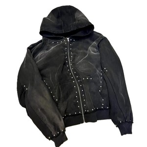 Custom Oversized Baggy Hoodie for Men Sun Faded Streetwear with Acid Wash Vintage Rivet Rhinestone <b>Zip</b> Drop Shoulder for Winter - Product Image 4