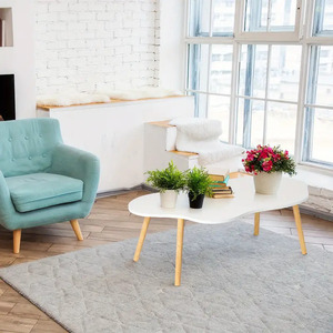 Mesa de Centro Moderna con Forma de Nube Blanca, con Tapa de Mármol y Patas de Madera, Mueble de Sala de Estar con Forma Irregular - Product Image 4