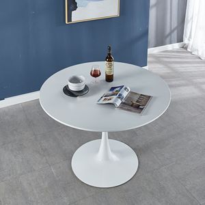 Tavolo da Pranzo Tulip Bianco Mid-Century da 107 cm con Piano in MDF, Base a Piedistallo e Cinghia in Pelle per 4-6 Persone, per Casa o Ufficio - Product Image 1