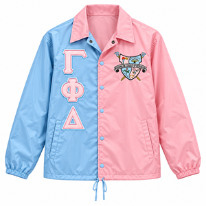 Veste de coach personnalisée Gamma Phi Delta Sorority, logo brodé sur le devant, couleurs rose et bleu clair, manches longues, légère, pour femme - Product Image 6