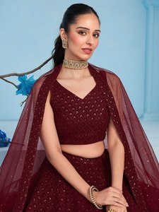 Conjunto de Lehenga Maxi de Satén con Encaje Borgoña, Corte en A, Sin Mangas, Bordado, Vestido de Noche de Dos Piezas con Dupatta de Tela de Red, para Banquetes y Bodas - Product Image 6