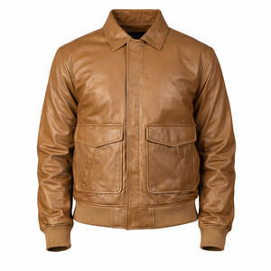 Chaqueta de Cuero para Hombre SAAR INDUSTRIES, Estilo Bomber, Color Bronceado, Cuello Mao, Diseño Clásico con Bolsillos de Solapa, Dobladillo Acanalado, Abrigo Casual de Cuero Genuino - Product Image 1