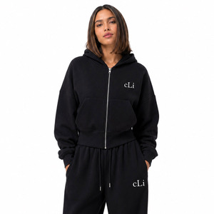 OEM Custom Logo Black <b>Cropped</b> <b>Zip</b> <b>Up</b> Tracksuit Heavyweight Fleece Oversize Hoodies High Waist Wide Leg Joggers Winter Sweatsuit  - Product Image 4
