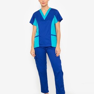 Ensemble de blouses médicales pour femmes, col en V, manches courtes, pantalon, couleur bleu turquoise, coton et polyester tissé - Product Image 1