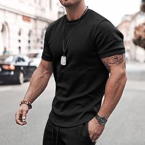 Men's Solid Black Cotton Crew Neck T-Shirt and Shorts <b>Set</b> Casual Breathable Summer Wear <b>Knitted</b> Fabric - Product Image 2