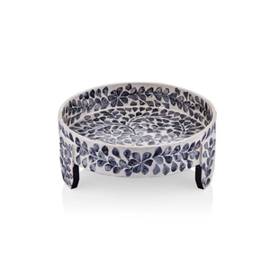Exquisite mother of pearl <b>cake</b> <b>stand</b>, navy blue floral mosaic footed tray <b>set</b> for luxury pastry display events - Product Image 2