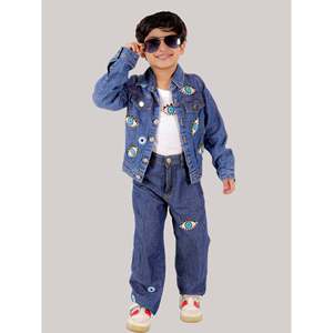 Ensemble veste et jean en denim pour homme, bleu, manches longues, orné d'un motif œil maléfique - Product Image 1