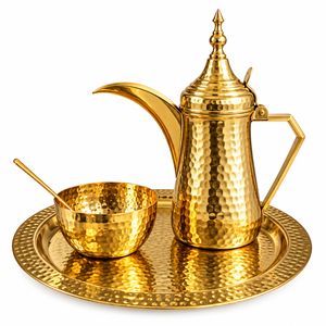 Middle Eastern Style Metal Coffee Pot <b>Set</b> With Gold Finish And Hammered Design For <b>Tea</b> Drinking - Product Image 2