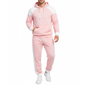 Survêtement rose et blanc doux de qualité supérieure pour homme – Sweat à capuche à manches raglan avec poignets contrastés, pantalon assorti, ensemble athlétique deux pièces - Product Image 1